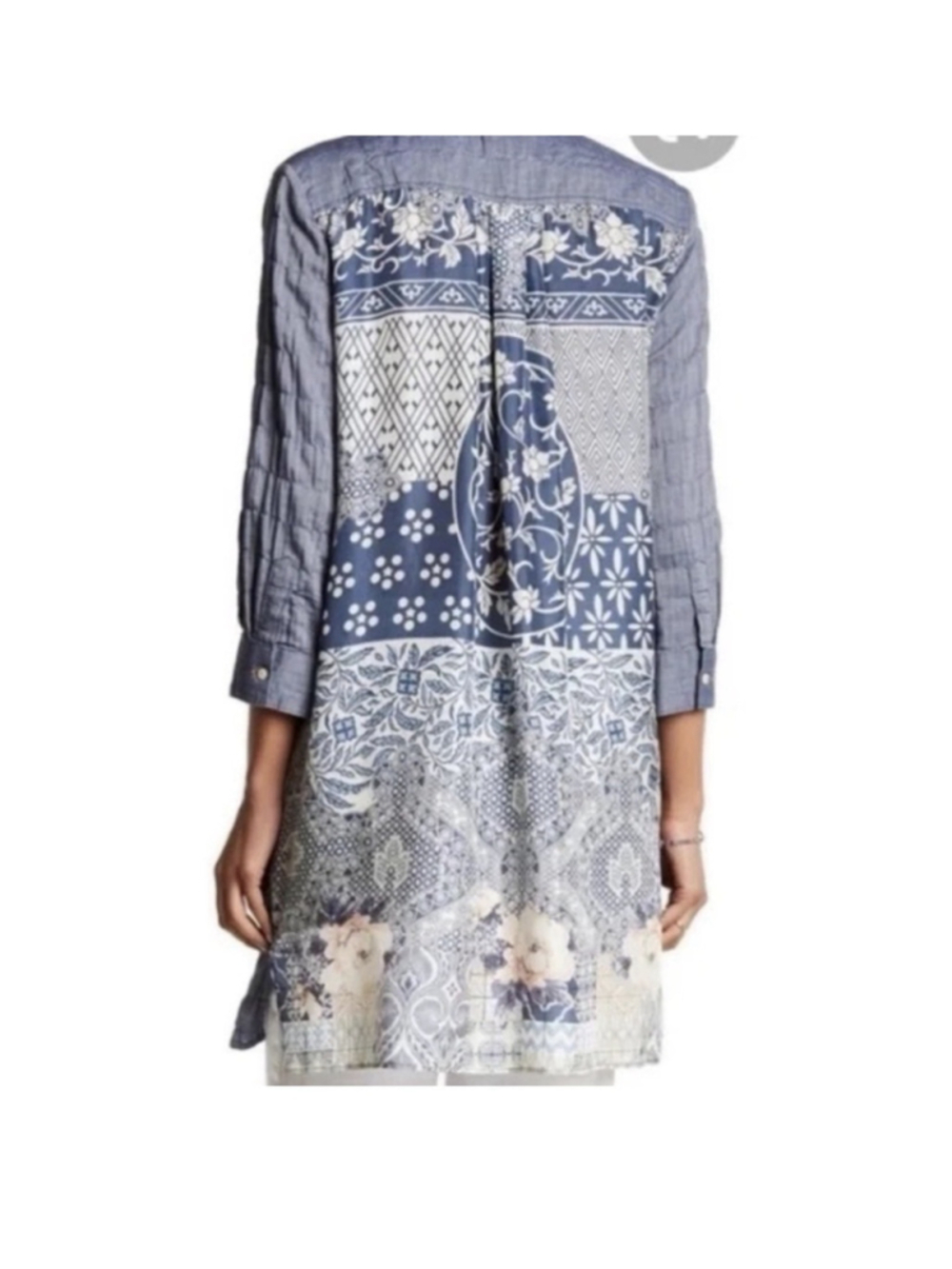 Johnny Was Laite 3/4 Sleeve Scarf Silk Back Tunic Shirt Dress XL EUC Blue Gray